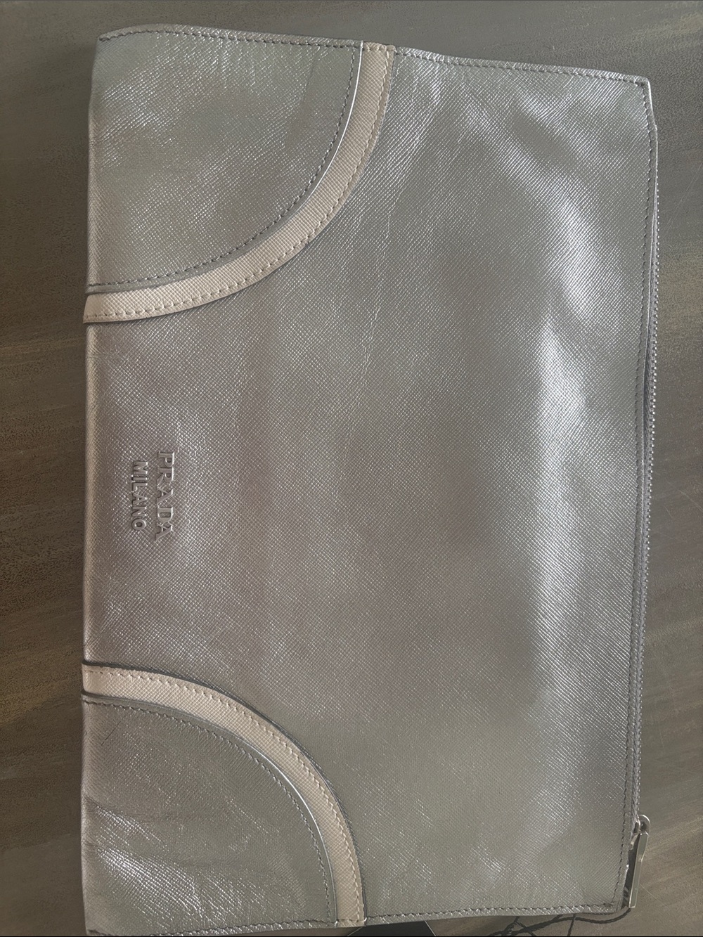 Prada Silver Metallic Leather Toiletry Pouch with Cream Trim